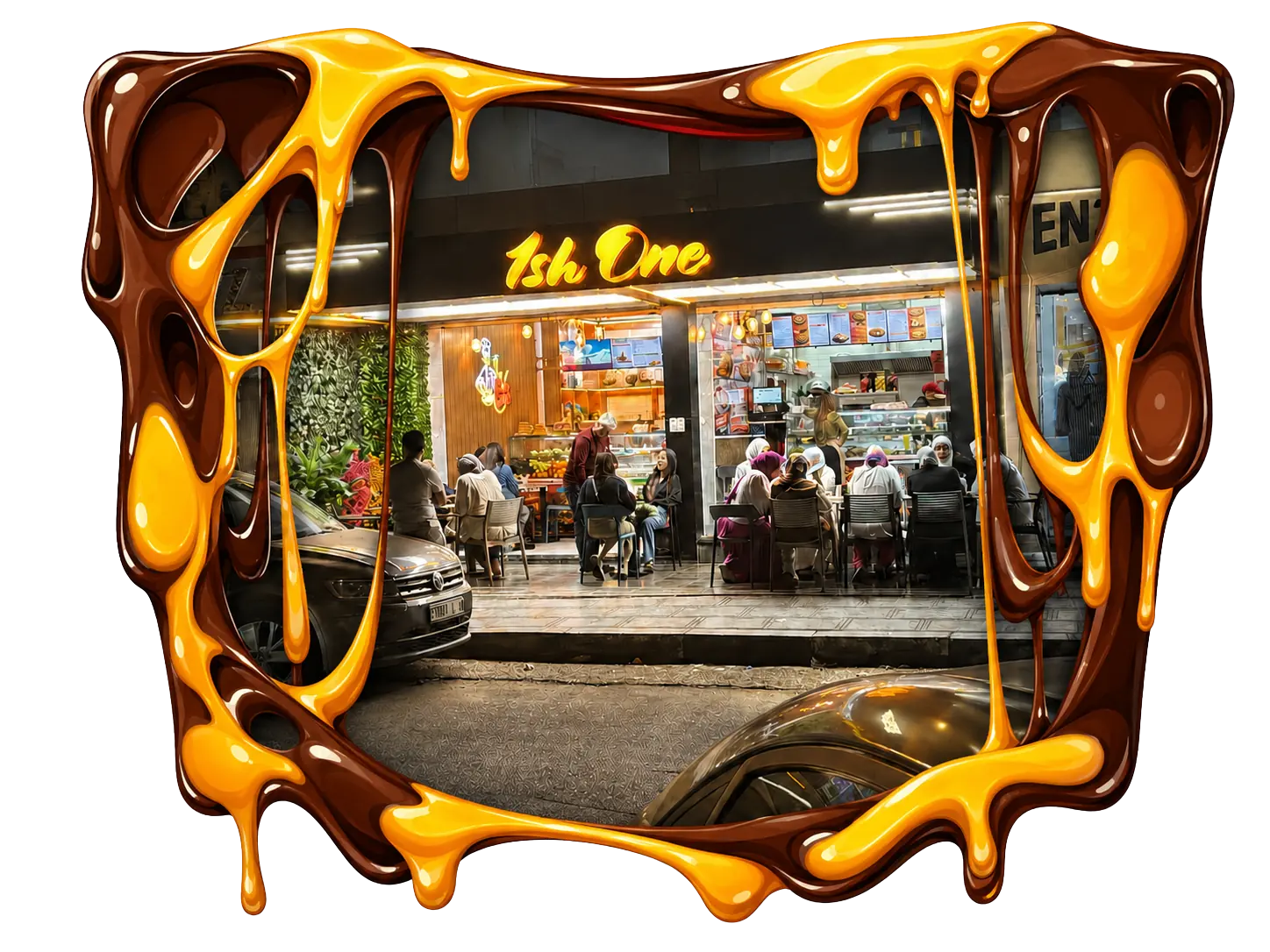 La devanture Ish One illuminée au Tanagra Mall, encadrée de fromage et de chocolat fondus